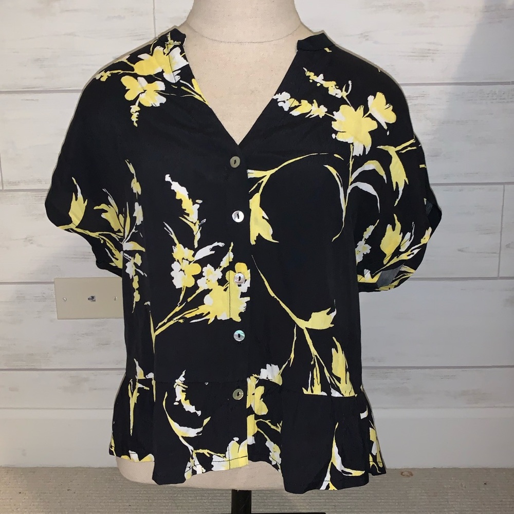 Floral Yellow/Black Button Up Quality Blouse